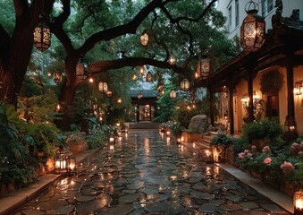 Fototapeta premium Rows of lanterns suspended above a garden walkway during the evening.