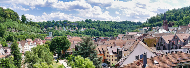 Panoramaaufnahme von Calw, mit Br&uuml;hl, Nagold, Bahnhof und Bischofstra&szlig;e