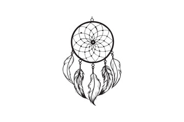 Detailed black and white illustration of a dreamcatcher with feathers intricate web design and a circular frame perfect for spiritual or artistic projects and cultural