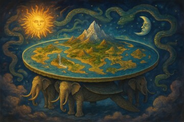 Fantasy Earth Surrounded by Elephants and Cosmic Elements Artistic Illustration