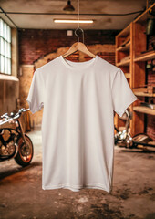 "Blank White T-Shirt Hanging in Industrial Garage with Motorcycle &ndash; Urban Street Style Mockup"