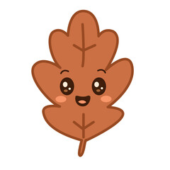 Vector cartoon oak leaf with a warm autumn tone and a kawaii face. Fun vector element for seasonal designs and children’s projects
