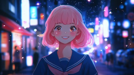 Obraz premium Happy teenage Asian girl in sailor uniform on city street at night