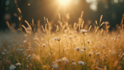 Field of white flowers with yellow centers illuminated by sunset