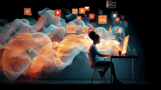 Focused young woman working remotely on laptop at home, illuminated by warm light, demonstrating digital nomad lifestyle, freelancing, and modern workspace.