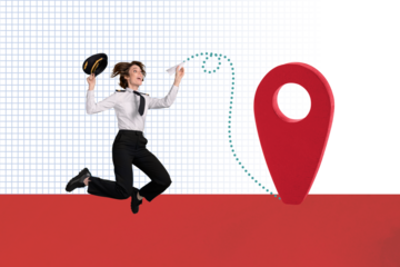 Composite collage picture image of young beautiful female jumping professional pilot destination mark excited magazine surrealism metaphor