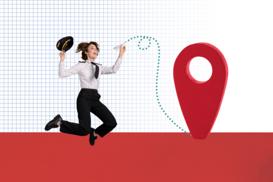 Composite collage picture image of young beautiful female jumping professional pilot destination mark excited magazine surrealism metaphor