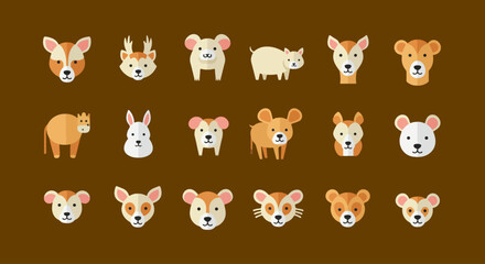 Obraz premium Cute Animal Icon Set, Cartoon Mammal Vector Pack, Adorable Creatures Illustration