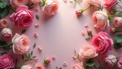 Fototapeta premium Delicate pink roses in soft studio flat lay arrangement
