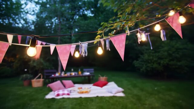 Outdoor picnic at dusk with string lights and flags