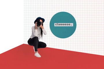 Fototapeta premium 3d retro abstract creative artwork template collage of young female professional photographer photo zone&nbsp;magazine surrealism metaphor