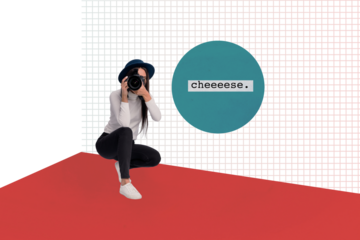 3d retro abstract creative artwork template collage of young female professional photographer photo zone magazine surrealism metaphor