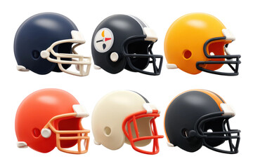 Fototapeta premium Football helmets collection sports event studio background close-up. Isolated on transparent background, png.