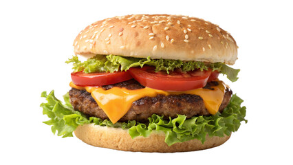 Classic hamburger with lettuce, tomato, and melted cheese on sesame bun on transparent background
