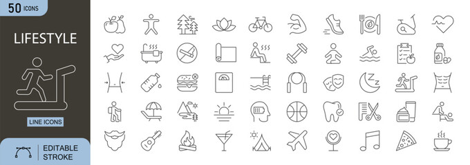 Lifestyle icons set. Includes icons for daily routine, fitness, hobbies, wellness, fashion, food, travel, self-care, relaxation, and productivity. Ideal for apps and infographics.