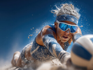 Female beach volleyball player diving in sand with fierce determination and intense focus. Concept of competitive sports, action moments, athletic drive, summer games, physical strength.