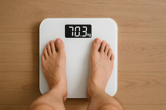 Male feet standing on modern digital bathroom weighing scale, 70.3 kilogram weight measurement close up, health and fitness monitoring, body mass index check, personal weight control device, healthy l