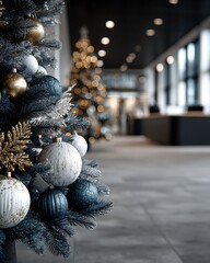 Corporate Holiday Marketing with Christmas decorations in a modern office, festive yet professional vibe ai business forecast futuristic business analysis holographic data visualization