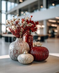 Corporate Holiday Marketing with Christmas decorations in a modern office, festive yet professional vibe ai business forecast futuristic business analysis holographic data visualization