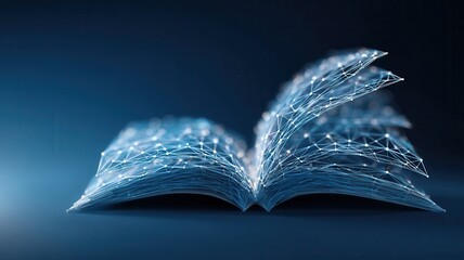 Open book with futuristic digital pages turning, representing the concept of digital library and online education