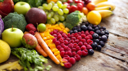 Fresh vegetables and fruits arranged in a heart shape on a rustic wooden surface, bathed in warm natural light.
