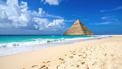 A majestic pyramid stands by the ocean under a clear blue sky, combining history with a stunning beach landscape.