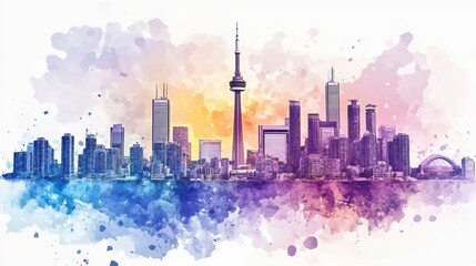 Fototapeta premium Colorful cityscape with tall tower at sunset