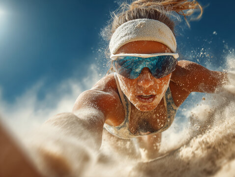 Female beach volleyball player diving in sand with fierce determination and intense focus. Concept of competitive sports, action moments, athletic drive, summer games, physical strength.