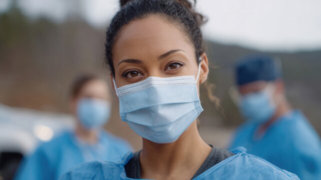 Female physician wearing surgical mask, standing amid blurred colleagues in medical setting