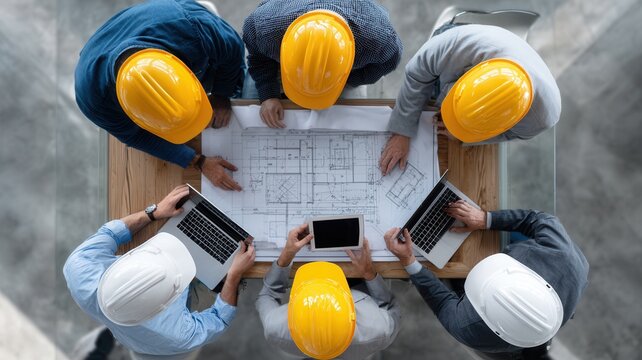 Construction professionals collaborating over blueprint, using digital devices, planning large scale architectural project - Powered by Adobe