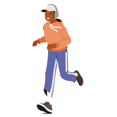 Naklejka premium Teenage boy cartoon character wearing headphones and activewear jogging in morning isolated on white