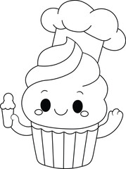 Cute Cupcake Chef Line Art Holding Ice Cream – Kawaii Style Vector Illustration

