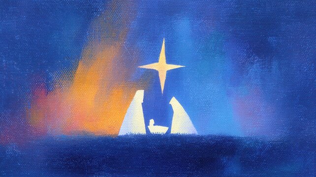 Artistic painting of the christmas nativity scene, featuring mary, joseph, and baby jesus with a bright star shining above