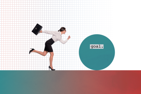 Creative trend collage of funny female darts running fast office manager achieve goal entrepreneur start up magazine surrealism metaphor