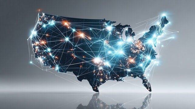 Futuristic network connecting major cities across united states, symbolizing communication, technology, and interconnectedness