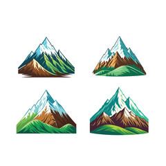 Four stylized snowy mountain peaks with green valleys