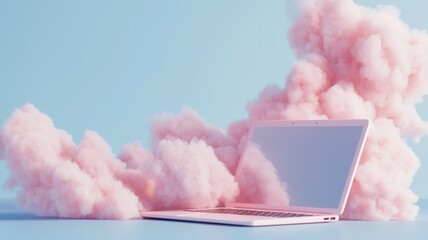 Pink laptop rising through soft pink clouds against pastel blue backdrop, symbolizing digital connectivity and cloud based technology