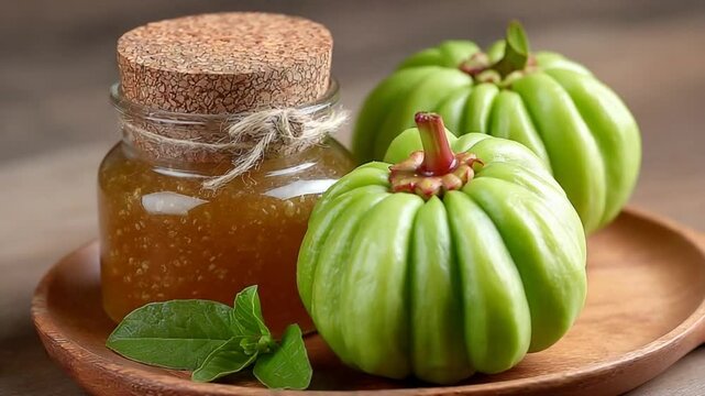 Green Garcinia Cambogia Fruits With Herbal Extract In Glass Jar On Wooden Tray