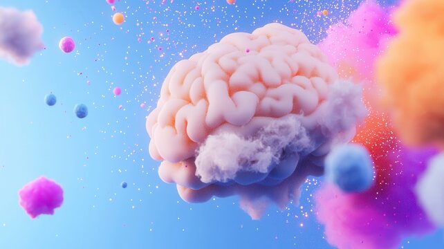 Colorful and dreamy abstract image of a human brain floating amidst glitter, soft clouds, and vibrant colors, suggesting creativity, imagination, and mental processes