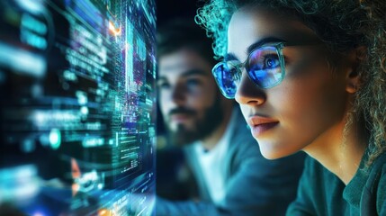 Focused woman coding with serious man in office at night