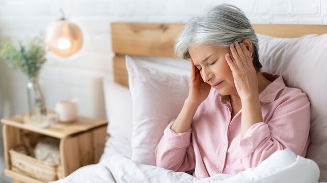 Senior woman suffering from headache, touching temples, menopause lying in bed at home, having migraine attack, feeling unhealthy