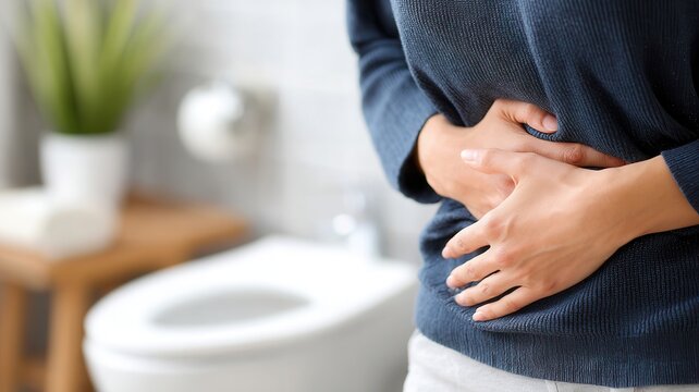 Pregnant woman suffering abdominal pain, gripping stomach in bathroom, expressing physical distress and healthcare challenges