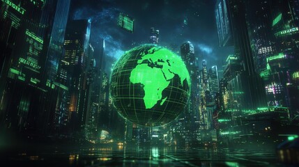 Futuristic city at night with glowing green globe and data streams