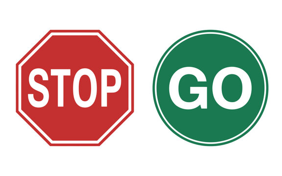 Stop and Go Road Signs Symbolizing Opposing Directions in Transportation and Decision Making on a Clean White Background