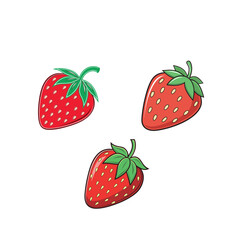 Three ripe strawberries with green leaves on a white background