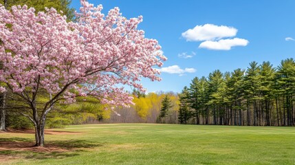 Naklejka premium A vibrant scene of a blossoming tree with pink flowers stands in a lush green field under a bright blue sky, perfect for spring-themed projects, nature promotions, or outdoor event advertising,