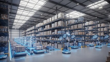 Inside a Modern Warehouse: A High-Tech Logistics Hub Featuring Automated Robots and Efficient Storage Systems for Streamlined Supply Chain Management - Powered by Adobe