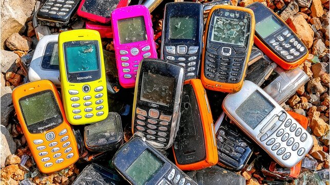 A collection of old mobile phones piled together, showcasing various colors and worn screens, This image can be used to illustrate themes of technology evolution, waste management, or nostalgia,