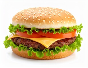 A close-up of a cheeseburger with lettuce, tomato, and a beef patty in a sesame seed bun