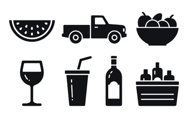 Black and White Vector Illustration Featuring Fruits Drinks Transportation and Beverage Containers Perfect for Summer Harvest Festival and Market Graphics
